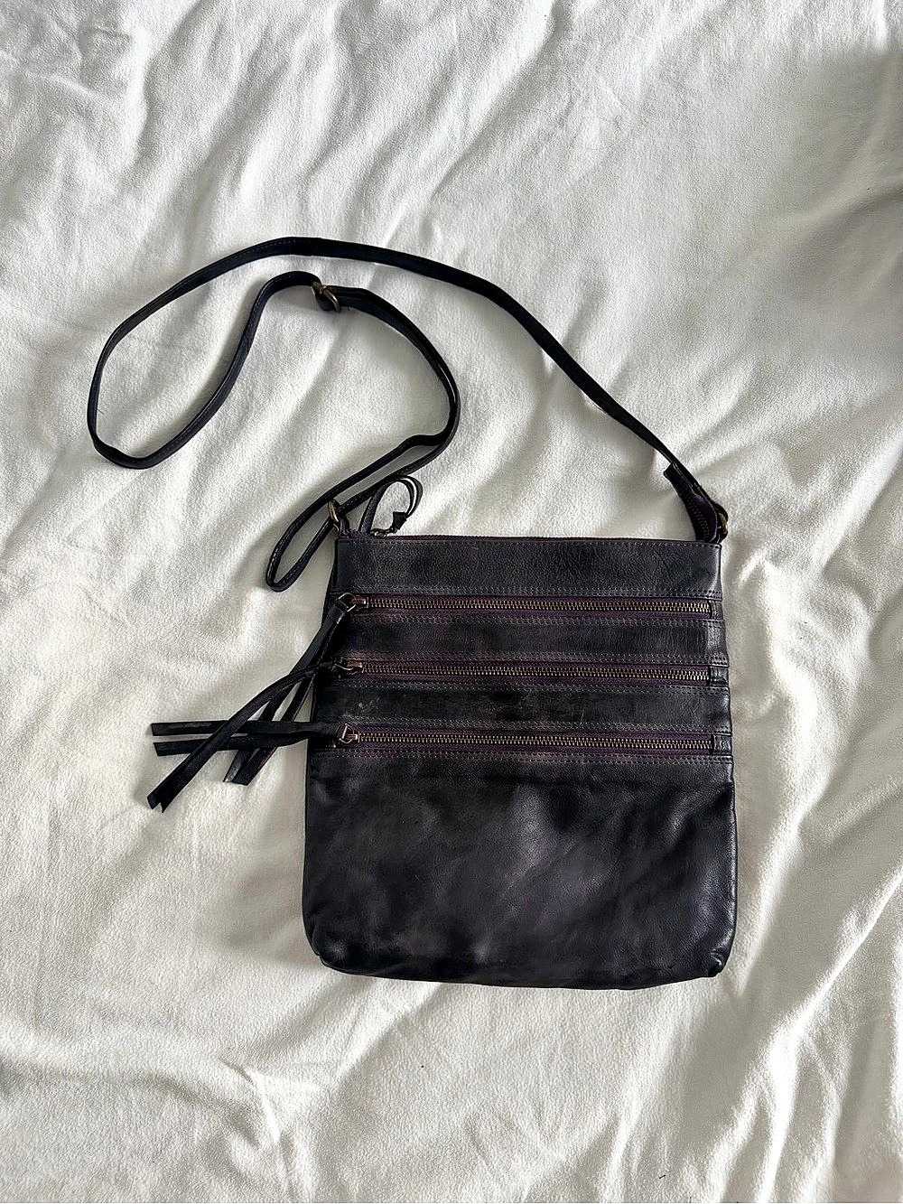 Oak Leathered Multi-Zip Crossbody Bag in Purple